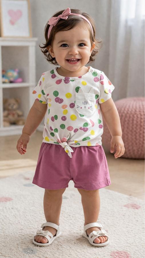 Puantiyeli bir tişört pembe şortlu takım