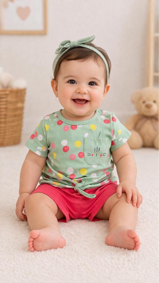 Puantiyeli tişört ve şortlu takım