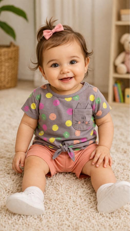 Puantiyeli gri tişört pembe şortlu takım