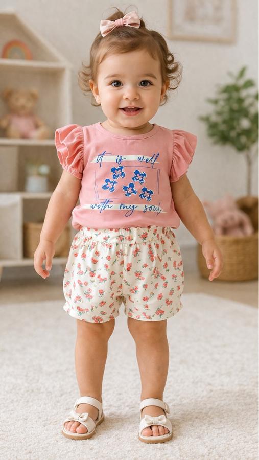 Pamuklu Çiçek desenli şortlu takım