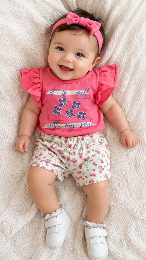 Pembe fırfırlı üst çiçek desenli şortlu takım