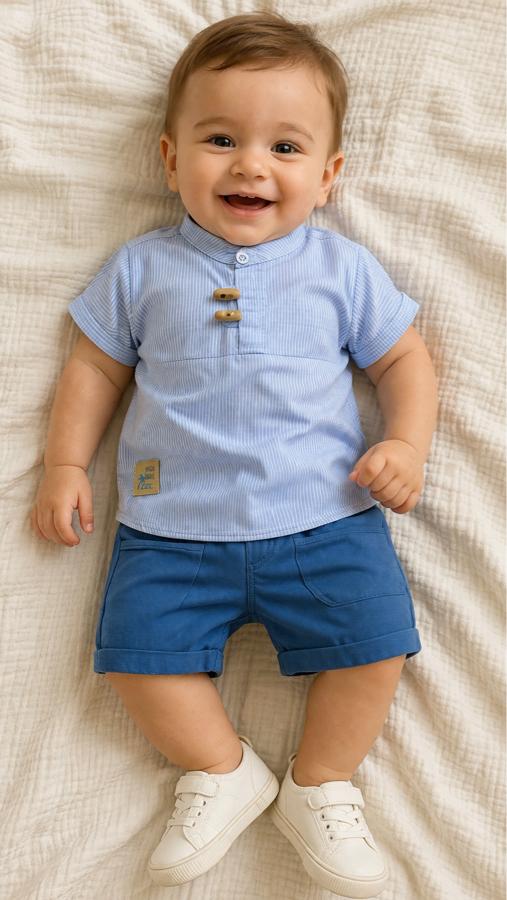 Açık mavi çizgili hakim yaka gömlek mavi şortlu takım