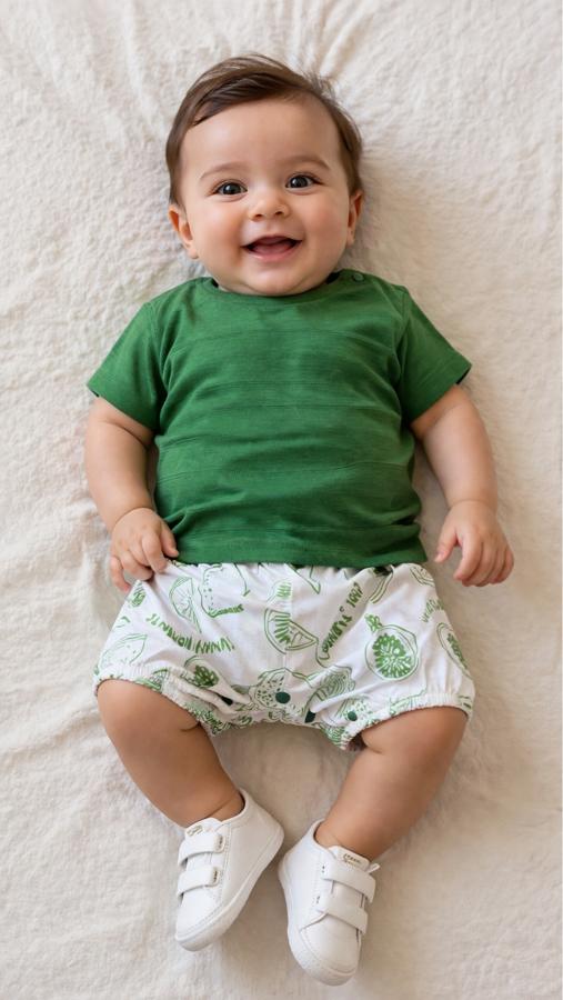 Yeşil yaprak baskılı erkek bebek tişört şortlu takım