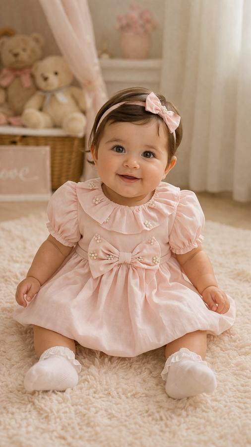 İnci detaylı pudra pembesi kız bebek elbise