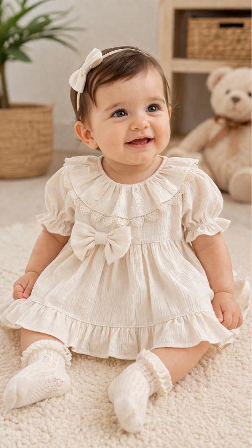 Kız bebek  fiyonk detaylı ve fırfırlı elbise