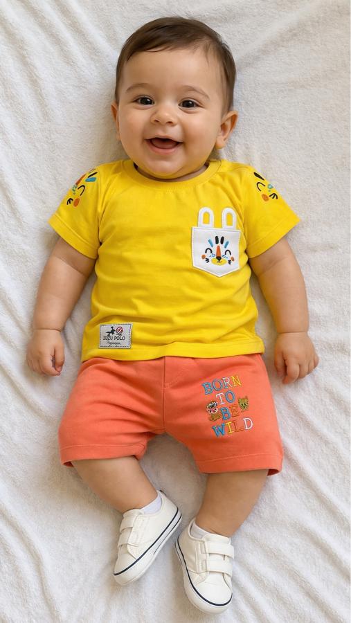 Sarı tişörtlü turuncu şortlu takım