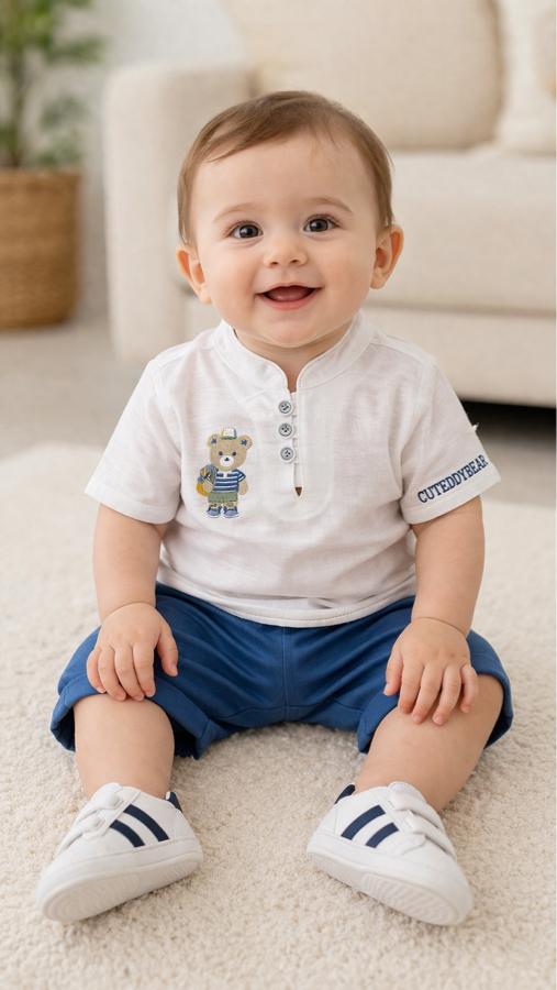 Erkek bebek ayıcık baskılı gömlekli şortlu 2'li takım