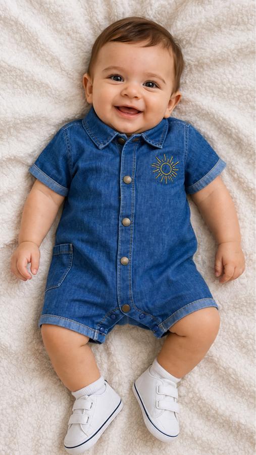 Güneş nakış işlemeli çıtçıtlı kısa kollu kot tulum