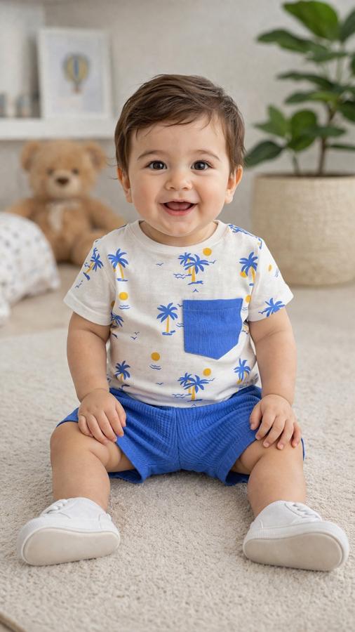 %100 pamuklu bisiklet yaka kısa kollu şortlu takım