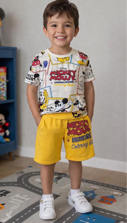 Pamuklu bisiklet yaka mickey mouse baskılı şort takım