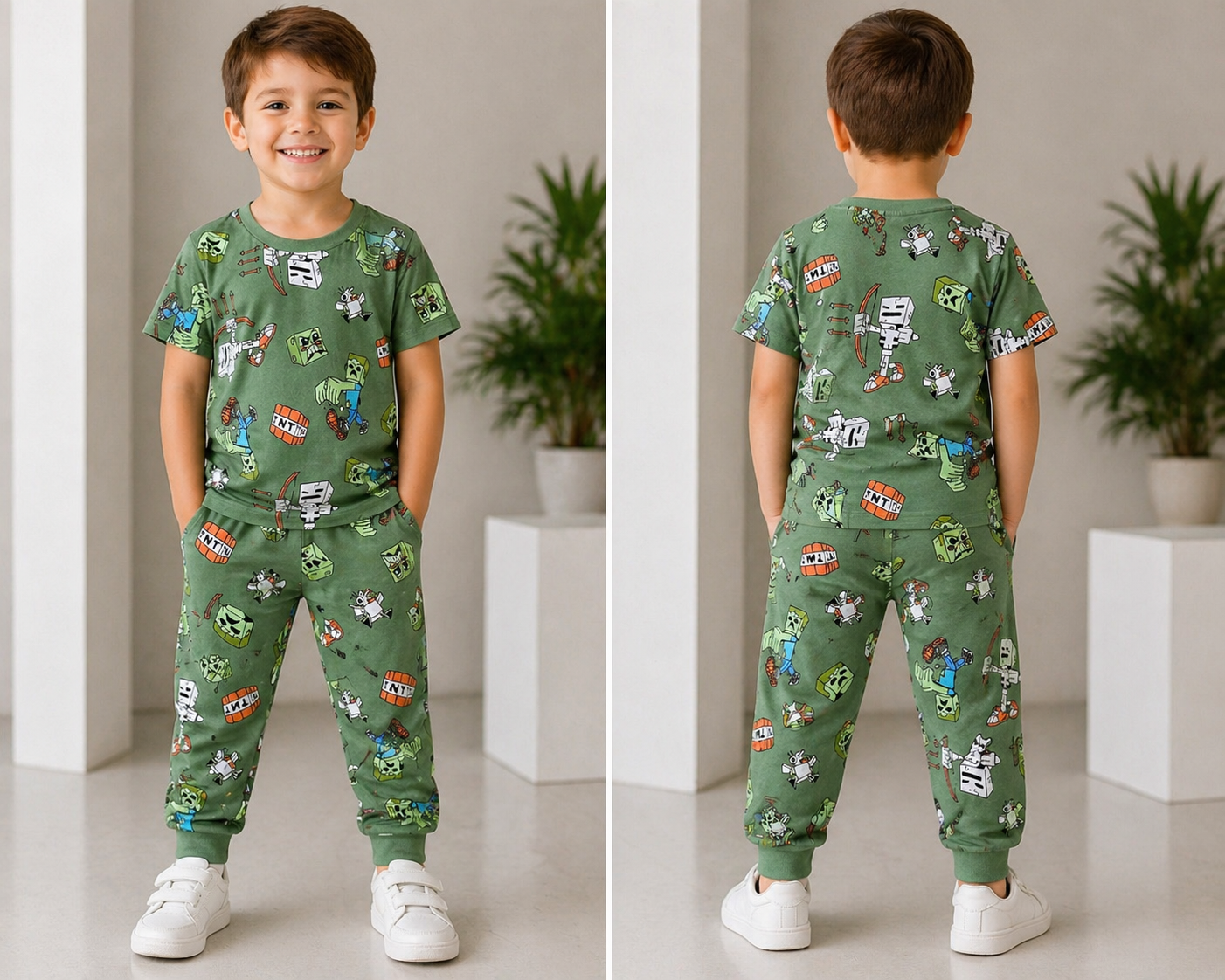 2-7 yaş arası Minecraft baskılı çocuk pijama takım